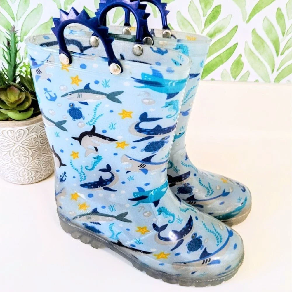 Boys Waterproof Rain Boots Shark Design Blue